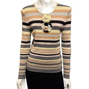 Chanel Striped Knit Top with Camellia Detail – Large